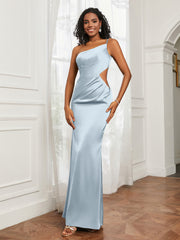 One Shoulder Stretch Satin Floor-Length Dress Mist