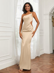 One Shoulder Stretch Satin Floor-Length Dress Peach