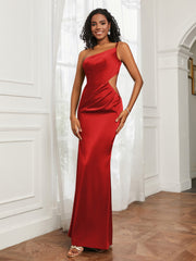 One Shoulder Stretch Satin Floor-Length Dress Red Plus Size