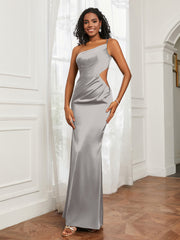 One Shoulder Stretch Satin Floor-Length Dress Silver Plus Size