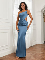 One Shoulder Stretch Satin Floor-Length Dress Slate Blue Plus Size