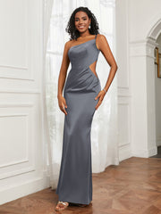 One Shoulder Stretch Satin Floor-Length Dress Steel Grey