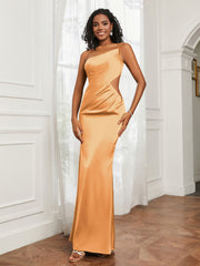 One Shoulder Stretch Satin Floor-Length Dress Tangerine