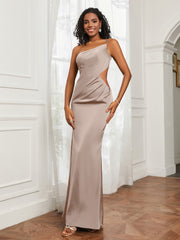 One Shoulder Stretch Satin Floor-Length Dress Taupe Plus Size