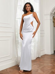 One Shoulder Stretch Satin Floor-Length Dress White
