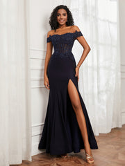 Off-The-Shoulder Mermaid Jersey Dress With Slit Dark Navy Plus Size