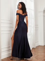 Off-The-Shoulder Mermaid Jersey Dress With Slit Dark Navy Plus Size