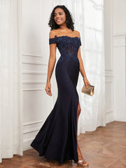 Off-The-Shoulder Mermaid Jersey Dress With Slit Dark Navy Plus Size