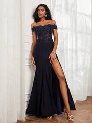 Off-The-Shoulder Mermaid Jersey Dress With Slit Dark Navy Plus Size