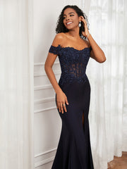 Off-The-Shoulder Mermaid Jersey Dress With Slit Dark Navy Plus Size
