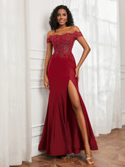 Off-The-Shoulder Mermaid Jersey Dress With Slit Burgundy Plus Size