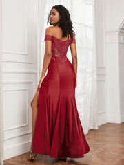 Off-The-Shoulder Mermaid Jersey Dress With Slit Burgundy Plus Size