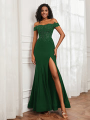 Off-The-Shoulder Mermaid Jersey Dress With Slit Dark Green Plus Size