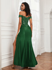 Off-The-Shoulder Mermaid Jersey Dress With Slit Dark Green