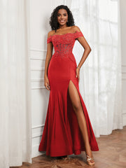 Off-The-Shoulder Mermaid Jersey Dress With Slit Red