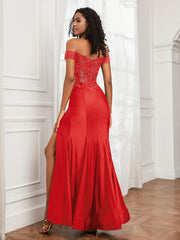 Off-The-Shoulder Mermaid Jersey Dress With Slit Red