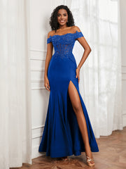 Off-The-Shoulder Mermaid Jersey Dress With Slit Royal Blue Plus Size