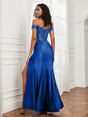 Off-The-Shoulder Mermaid Jersey Dress With Slit Royal Blue Plus Size