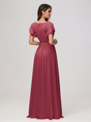 Bateau Neckline Chiffon Ruched Floor-length Dress Cinnamon Rose