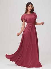 Bateau Neckline Chiffon Ruched Floor-length Dress Cinnamon Rose