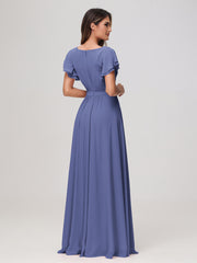 Bateau Neckline Chiffon Ruched Floor-length Dress Periwinkle