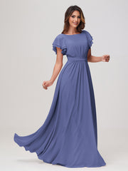 Bateau Neckline Chiffon Ruched Floor-length Dress Periwinkle