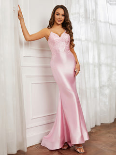 V-neck  Appliqued Spaghetti Straps Mermaid Prom Dress Blushing Pink