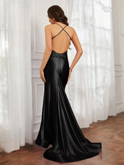 V-neck  Appliqued Spaghetti Straps Mermaid Prom Dress Black Plus Size