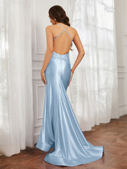 V-neck  Appliqued Spaghetti Straps Mermaid Prom Dress Dusty Blue Plus Size