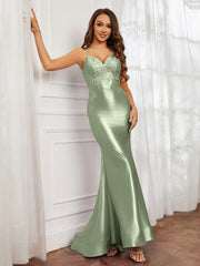 V-neck  Appliqued Spaghetti Straps Mermaid Prom Dress Dusty Sage