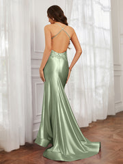 V-neck  Appliqued Spaghetti Straps Mermaid Prom Dress Dusty Sage
