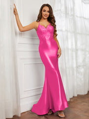 V-neck  Appliqued Spaghetti Straps Mermaid Prom Dress Fuchsia