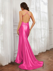 V-neck  Appliqued Spaghetti Straps Mermaid Prom Dress Fuchsia