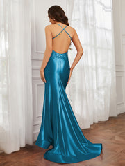 V-neck  Appliqued Spaghetti Straps Mermaid Prom Dress Ink Blue