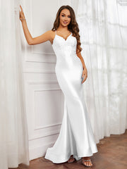 V-neck  Appliqued Spaghetti Straps Mermaid Prom Dress Ivory