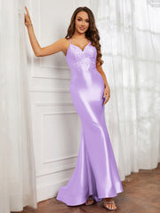 V-neck  Appliqued Spaghetti Straps Mermaid Prom Dress Lilac