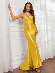 V-neck  Appliqued Spaghetti Straps Mermaid Prom Dress Marigold