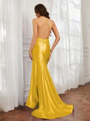 V-neck  Appliqued Spaghetti Straps Mermaid Prom Dress Marigold
