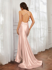 V-neck  Appliqued Spaghetti Straps Mermaid Prom Dress Pearl Pink