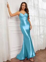 V-neck  Appliqued Spaghetti Straps Mermaid Prom Dress Pool Plus Size