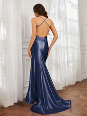 V-neck  Appliqued Spaghetti Straps Mermaid Prom Dress Purplish Blue Plus Size