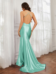 V-neck  Appliqued Spaghetti Straps Mermaid Prom Dress Turquoise