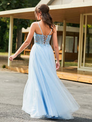 Stunning Flower Appliqued Corset Top Maxi Dress Sky Blue