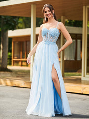 Stunning Flower Appliqued Corset Top Maxi Dress Sky Blue