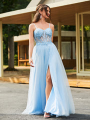 Stunning Flower Appliqued Corset Top Maxi Dress Sky Blue