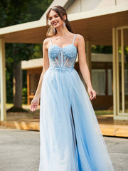Stunning Flower Appliqued Corset Top Maxi Dress Sky Blue