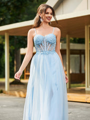 Stunning Flower Appliqued Corset Top Maxi Dress Sky Blue