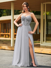 Stunning Flower Appliqued Corset Top Maxi Dress Silver