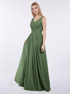 A-line Chiffon Floor Length V Neck Dresses Olive Green