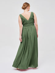 A-line Chiffon Floor Length V Neck Dresses Olive Green